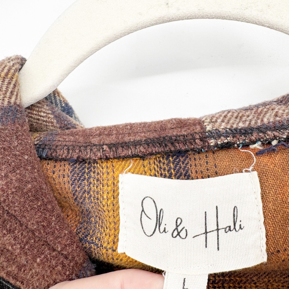 Oli & Hali Women Plaid Distressed Patchwork Boho Grunge Flannel Hooded Shacket L - Picture 2 of 8